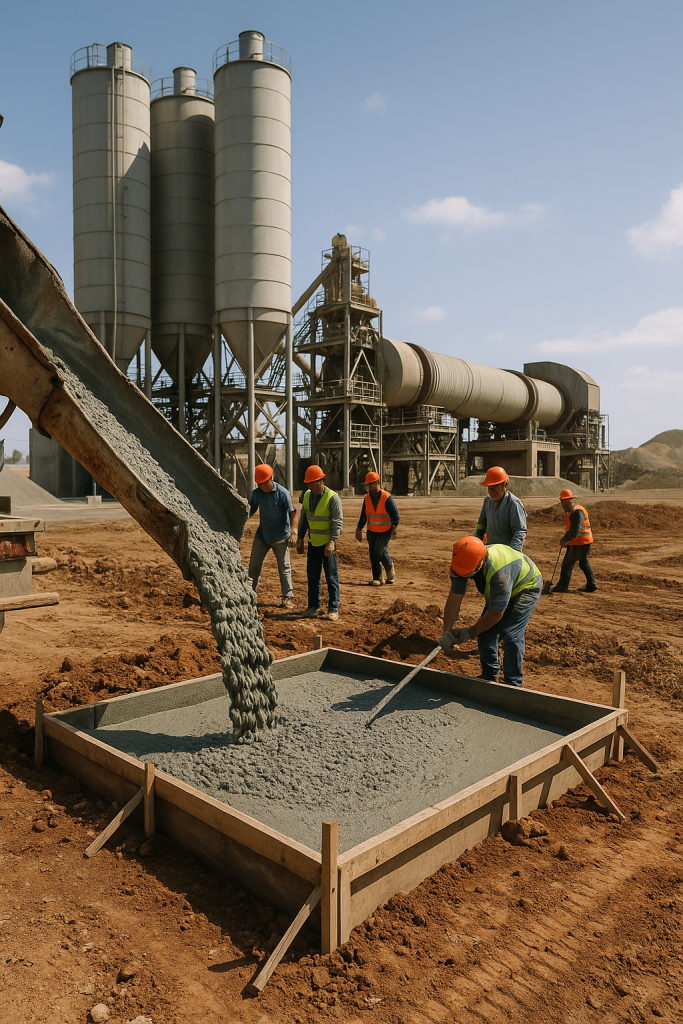 Top 4 Cement Types Explained for Exporters & Builders (2025 Guide) Workers pouring Type 1 cement on construction site