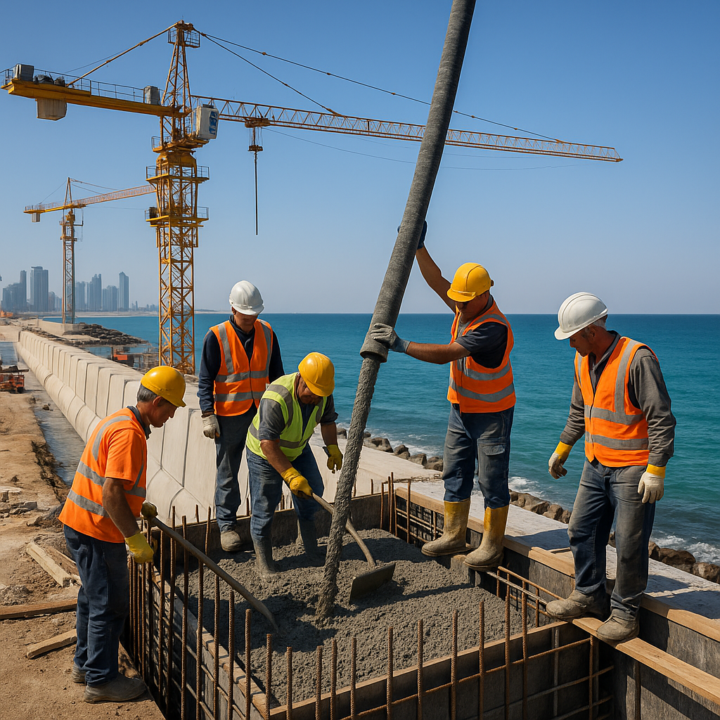 Workers using sulfate resistant cement at a coastal construction site with cranes and seawall reinforcement near the ocean.