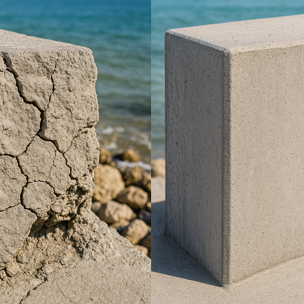 Side-by-side concrete comparison showing cracked concrete from seawater exposure vs intact surface with sulfate resistant cement protection.