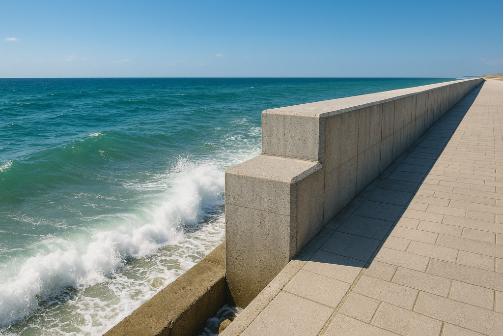 A seawall built with sulfate resistant cement along a coastline, waves crashing against the strong concrete wall under sunny sky.