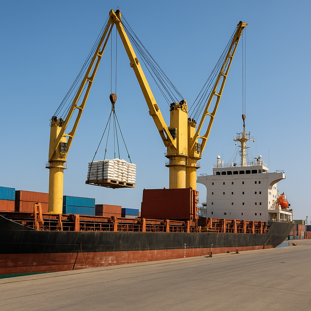 A cargo ship being loaded with cement bags at Chabahar Port, Iran, showing sulfate resistant cement ready for GCC export.