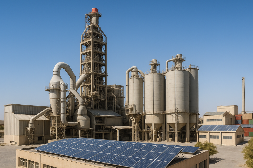An eco-friendly cement plant producing sulfate resistant cement with solar panels and dust suppression systems under clear blue sky.