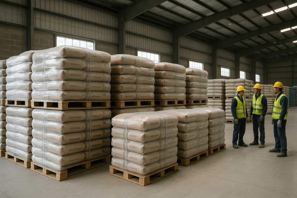 Warehouse with neatly stacked sulfate resistant cement bags on wooden pallets, wrapped in plastic with ISO and ASTM marks.