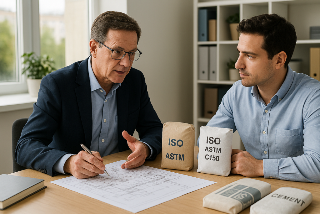 A construction consultant explaining sulfate resistant cement specifications to a client with blueprints and samples on the table.