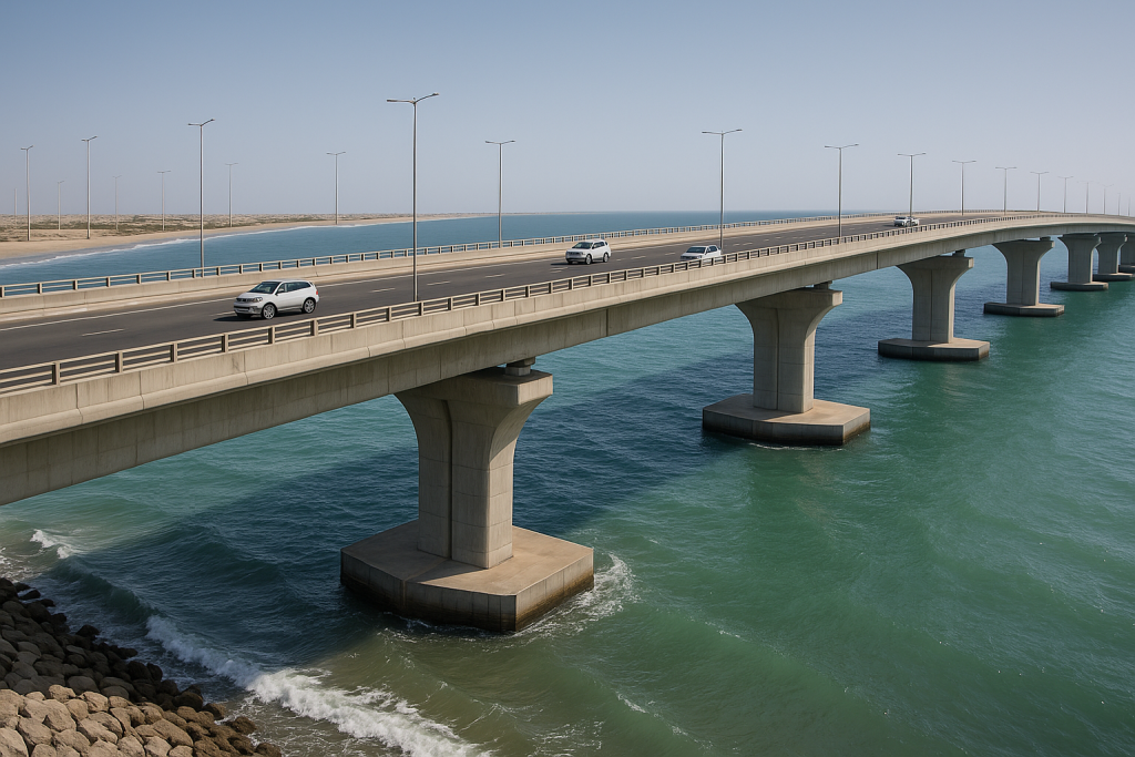 A large coastal bridge in the Middle East built with sulfate resistant cement, cars passing overhead, ocean waves below.