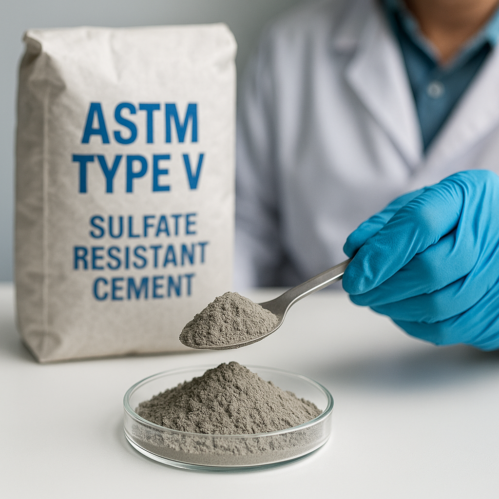 Close-up of sulfate resistant cement powder being tested in a laboratory by a scientist with safety gloves under natural lighting.