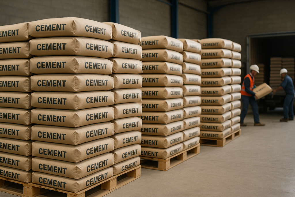 Bagged cement stacked for export in pallets - bulk vs bagged cement logistics