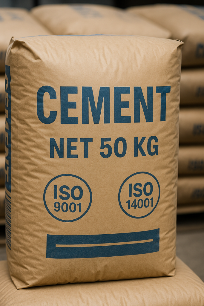 Cement bags labeled with international compliance marks