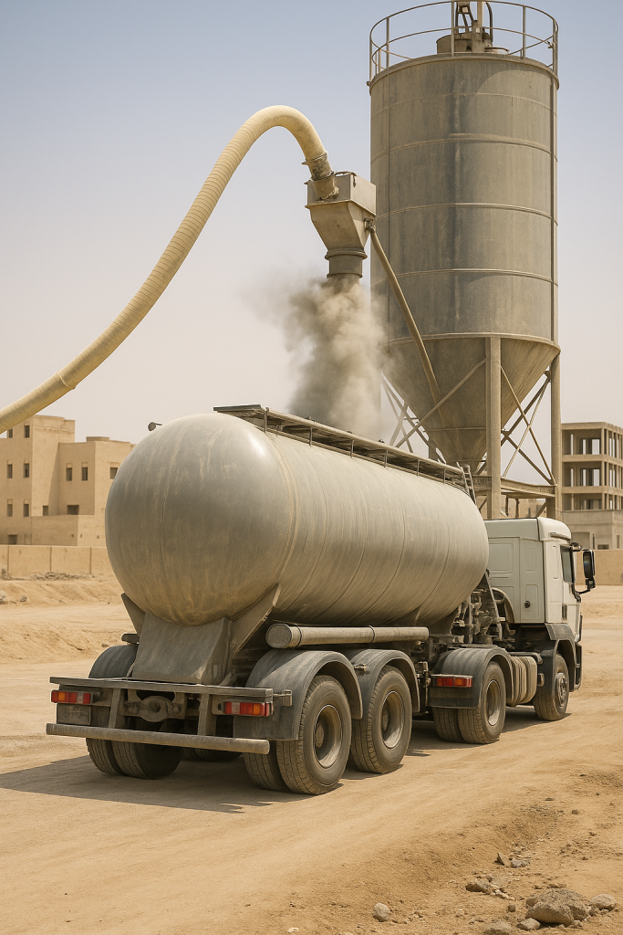 Cement tanker unloading in bulk at Middle East site – bulk vs bagged cement logistics
