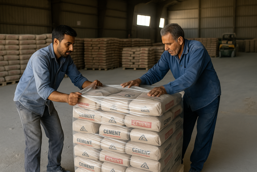 Workers unloading bulk vs bagged cement in warehouse for export