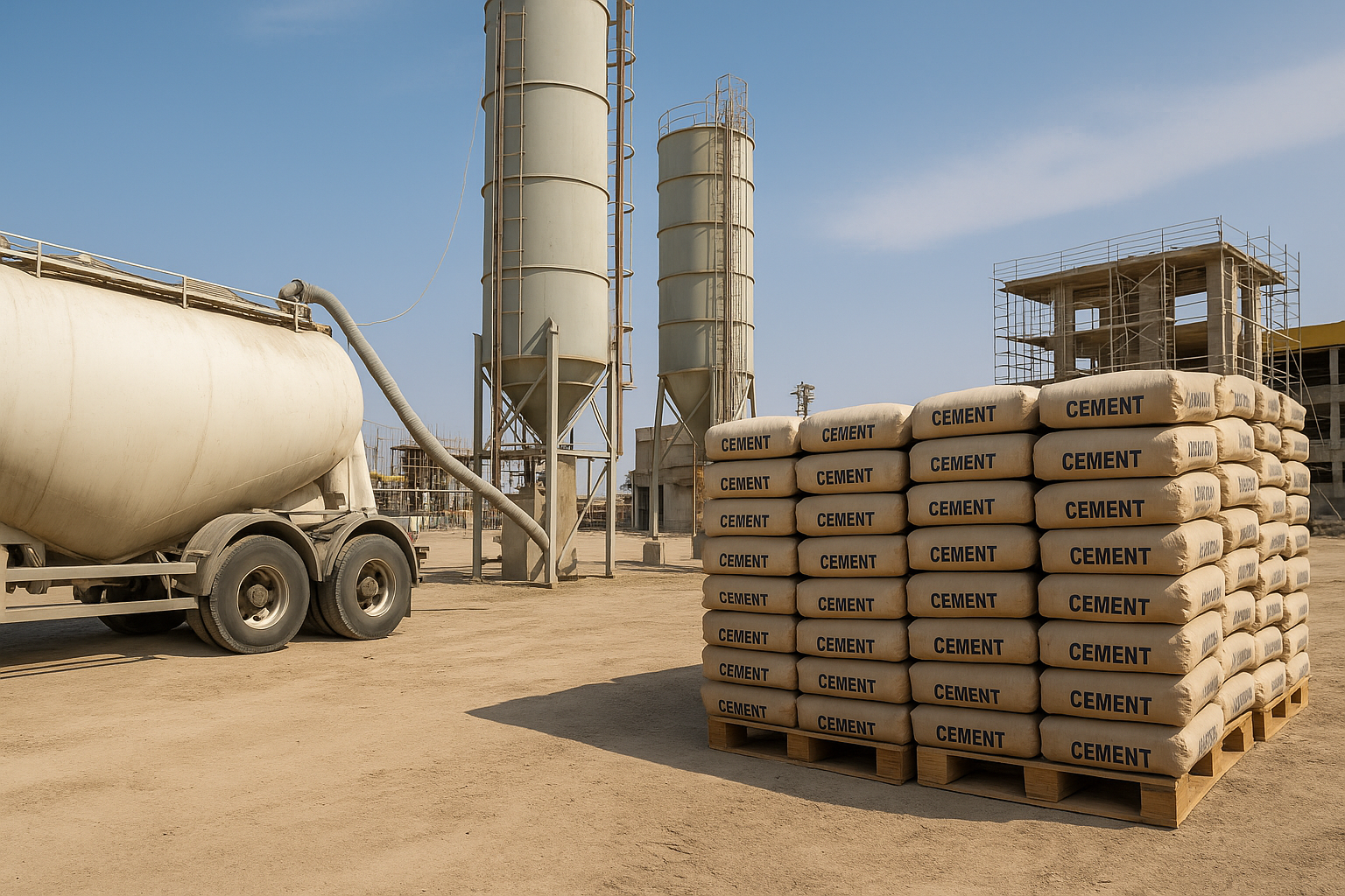 Featured comparison image of bulk vs bagged cement in a construction export environment.