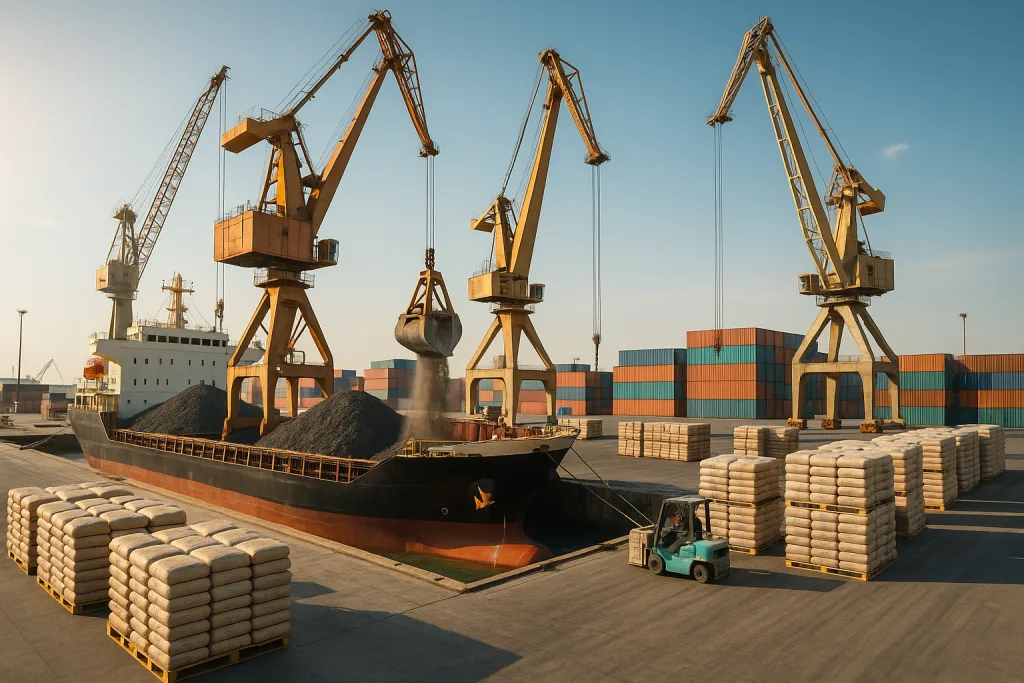 Clinker vs cement price comparison 2025 – Middle East port with bulk ship loading clinker and pallets of cement bags.