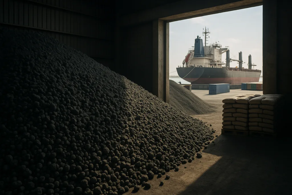 Clinker vs cement price comparison 2025 – close-up of clinker nodules stored in a warehouse for export.