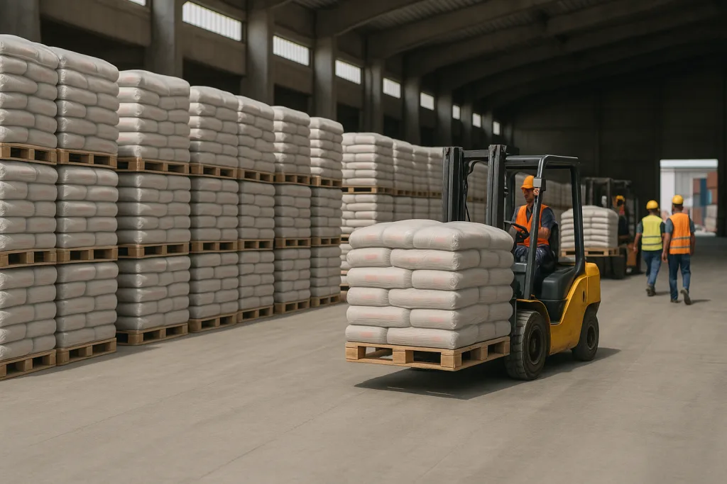 Clinker vs cement price comparison 2025 – stacks of cement bags on pallets inside a distribution warehouse.