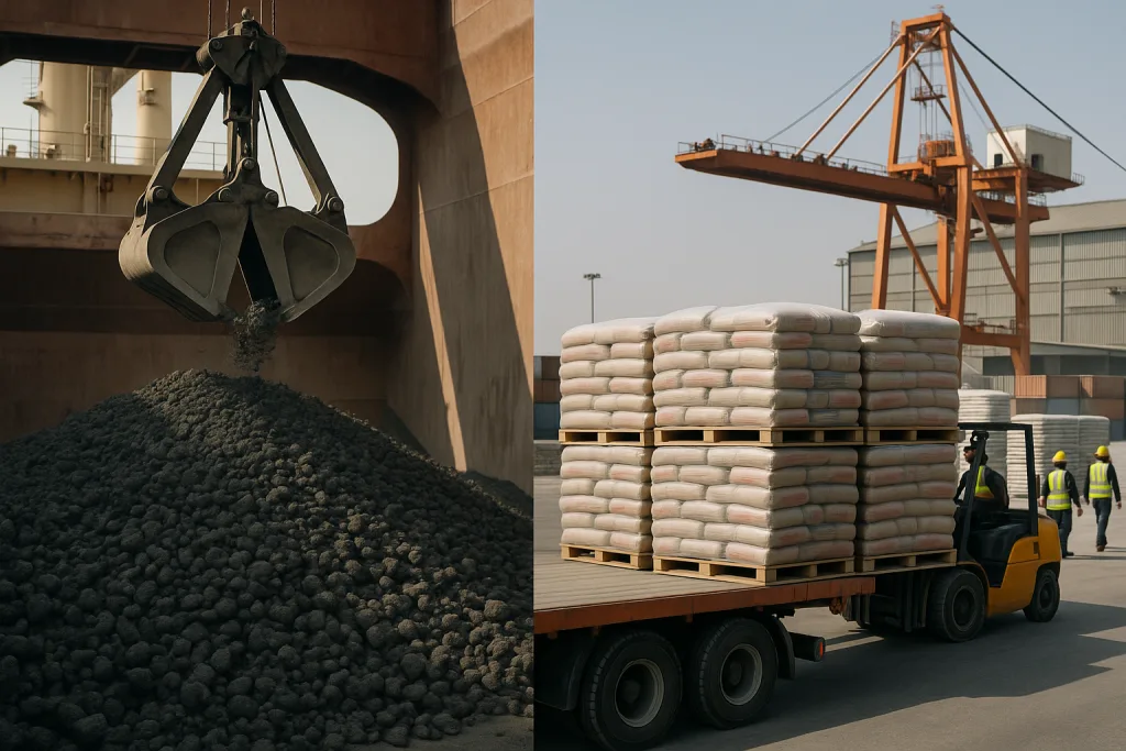 Clinker vs cement price comparison 2025 – bulk ship filled with clinker and cement bags being loaded for export.