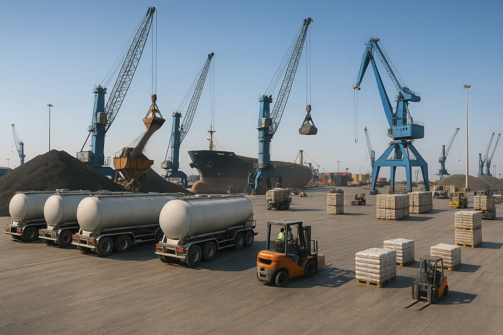 Clinker vs cement price comparison 2025 – cranes unloading clinker in bulk while cement trucks wait at port.