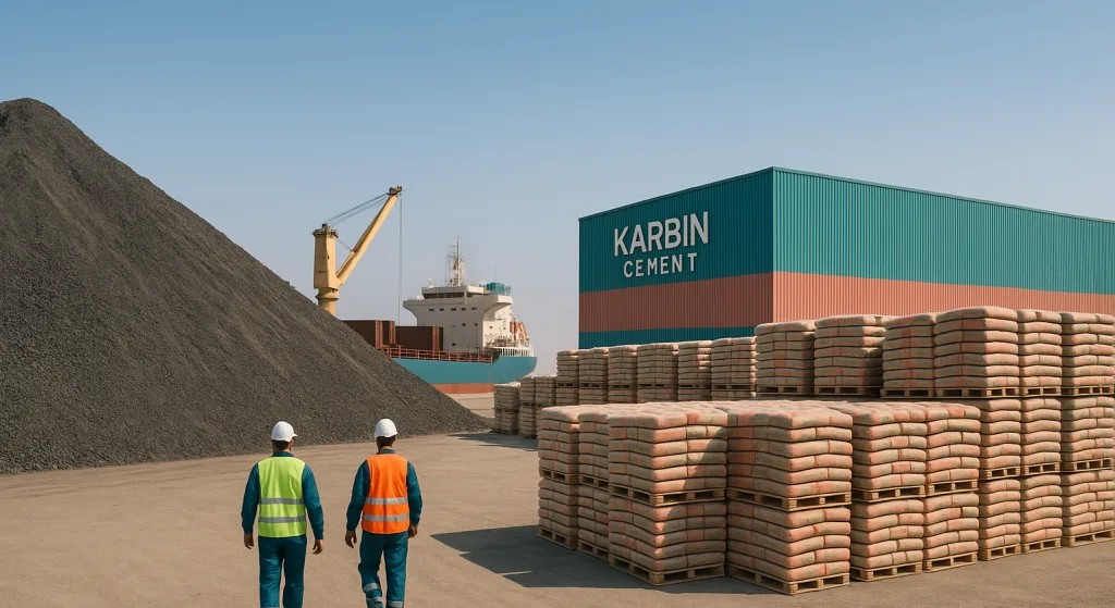 Clinker vs cement price comparison 2025 – Karbin Cement warehouse with clinker stockpiles and cement bags ready for export.