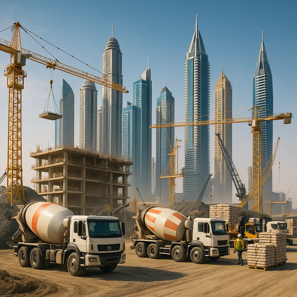 Clinker vs cement price comparison 2025 – Dubai construction site with cranes, cement trucks, and skyscrapers.