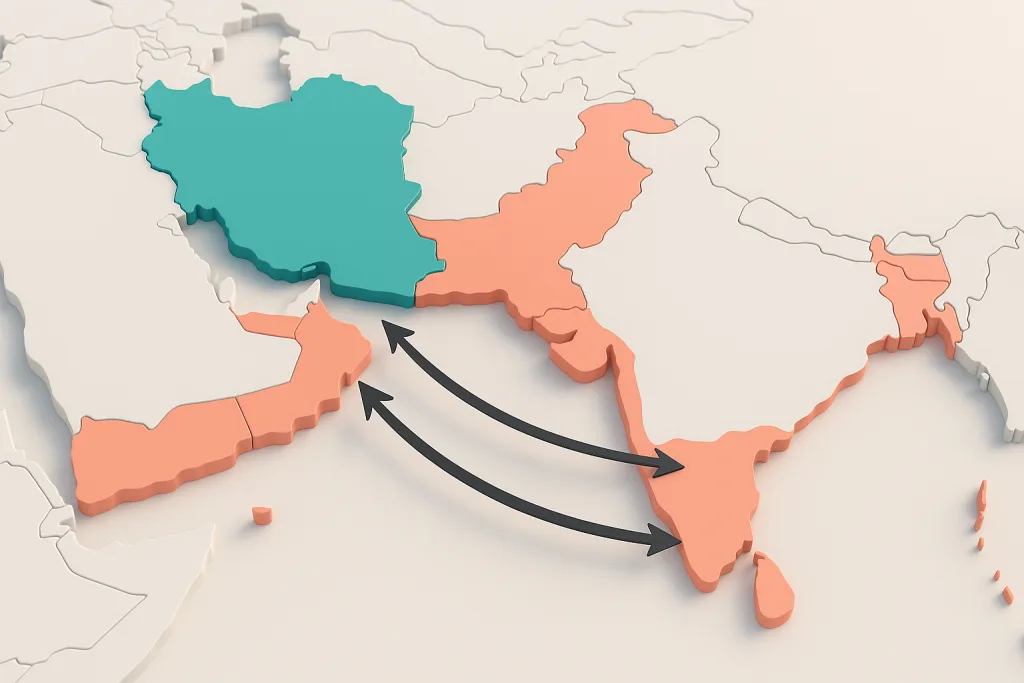 Trade route map showing cement and clinker exports from Iran to GCC countries including UAE, Oman, Saudi Arabia, and Qatar