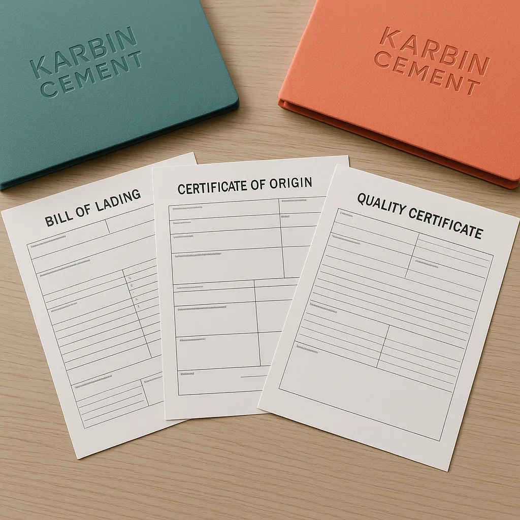 Export documents for cement import to GCC including bill of lading, certificate of origin, and quality certificates on a desk