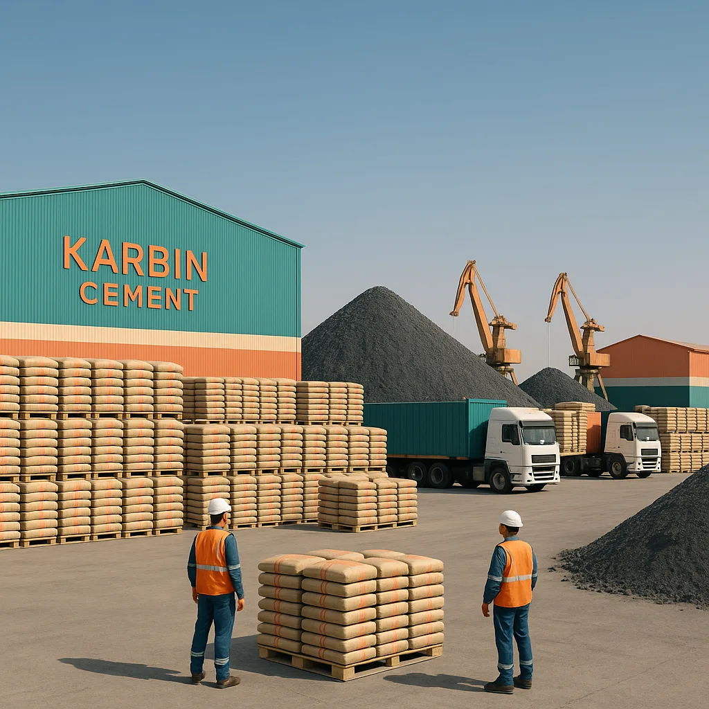 Karbin Cement storage yard with stacked cement bags, clinker piles, and trucks ready for export to GCC markets
