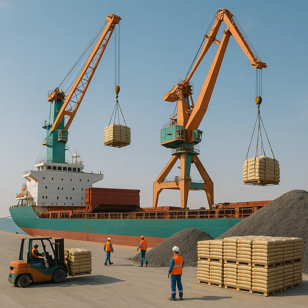 Cement exporting countries GCC 2025 cargo ship loading clinker and cement bags at Bandar Abbas port, Iran