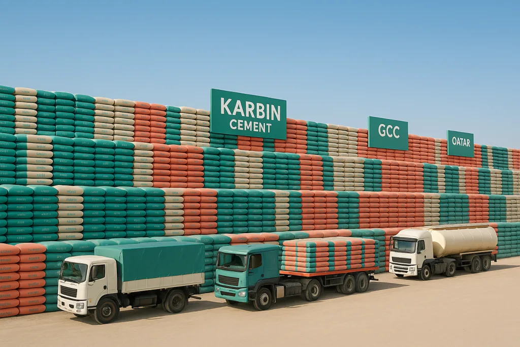 Karbin Cement export yard in Iran with stacked cement bags and trucks ready for GCC shipment 2025